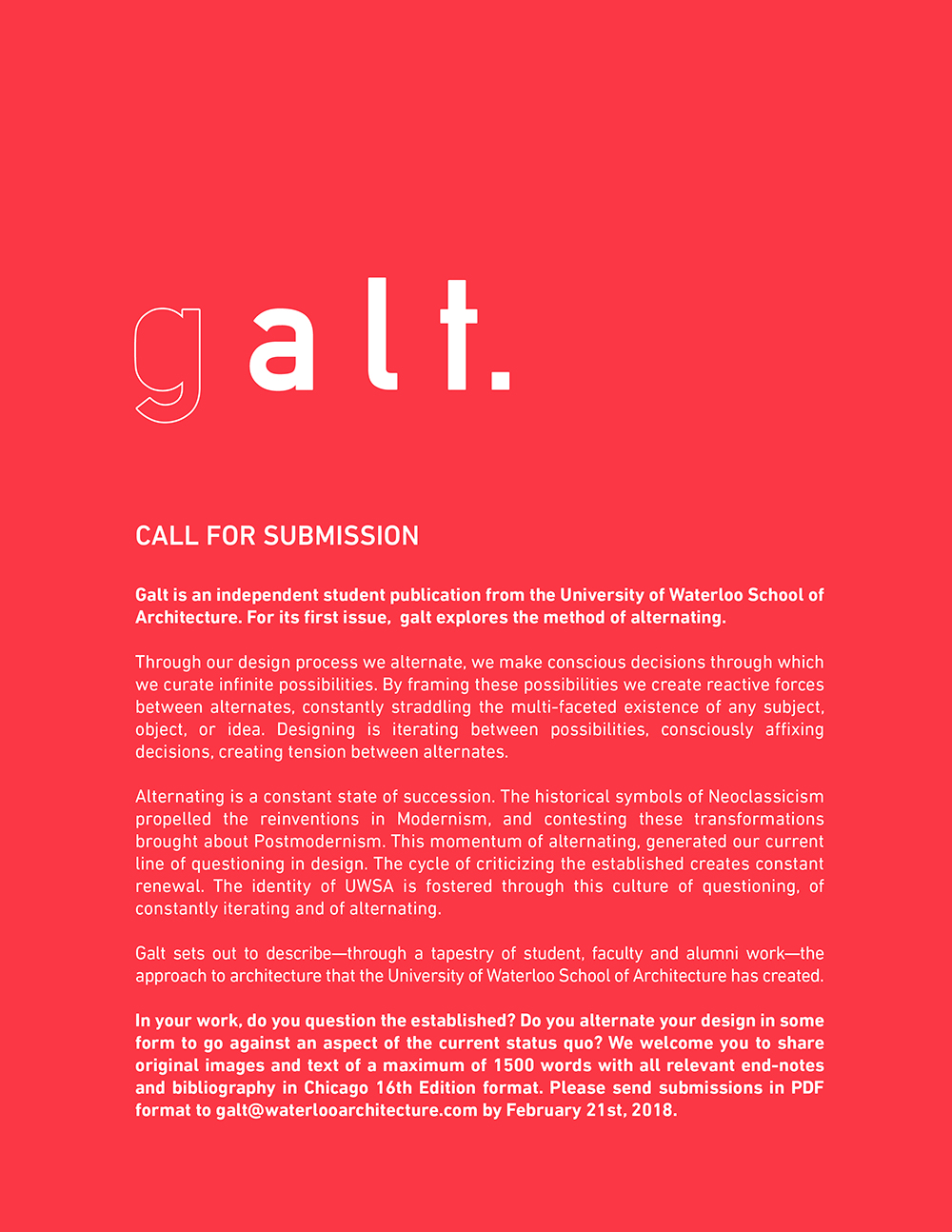 Galt Call for Submissions