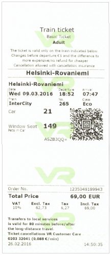 Helsinki Rovaniemi Ticket (front)