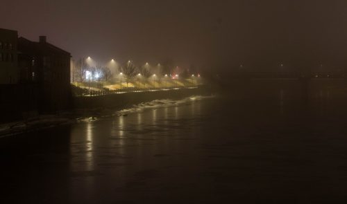 A foggy, rainy winter evening